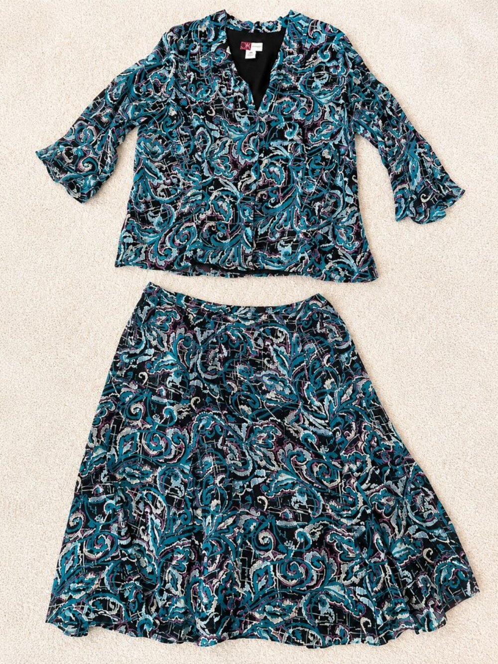 JM Collection Paisley Skirt Set Size 14 Boho Career Chic 2 Piece Outfit